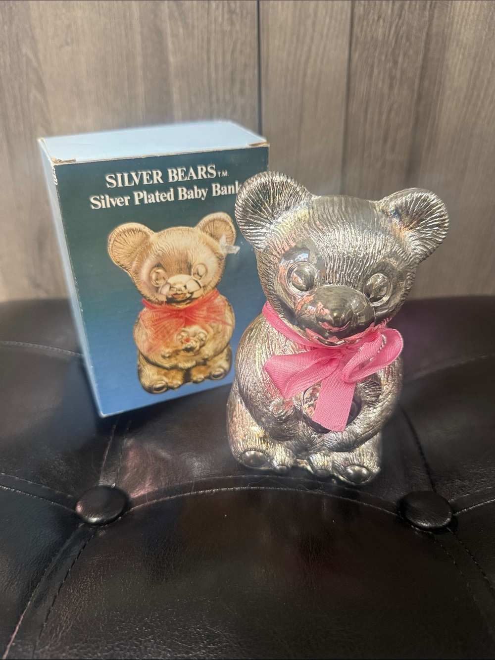 Vintage Silver Plated Baby Bears Bear Bank In Original Box